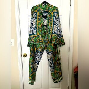 Zara Paisley Pant Set - Green/Taupe